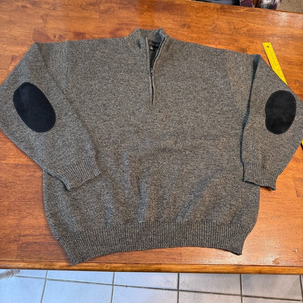 Robert Banks Sweater black tan 1/4 zip Black Elbow Patches XL 100% Merino Wool